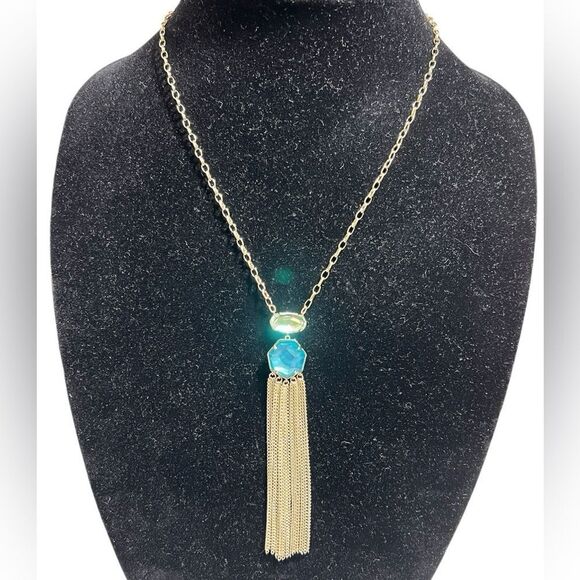 Kendra Scott Tae Long Pendant Necklace In Bronze Veined Turquoise Magnesite New - Picture 2 of 9
